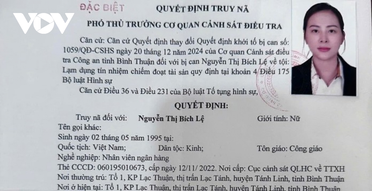 Truy nã đặc biệt nữ nhân viên ngân hàng chiếm đoạt tiền tỉ